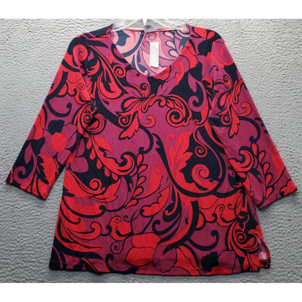 Chico's Travelers Blouse Top Womens 12/14 Multi Abstract Long Sleeve Pullover